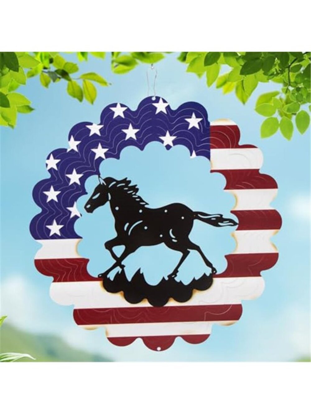 Horse Wind Spinner, Metal Yard Art with American Flag, Patriotic Outdoor Decor